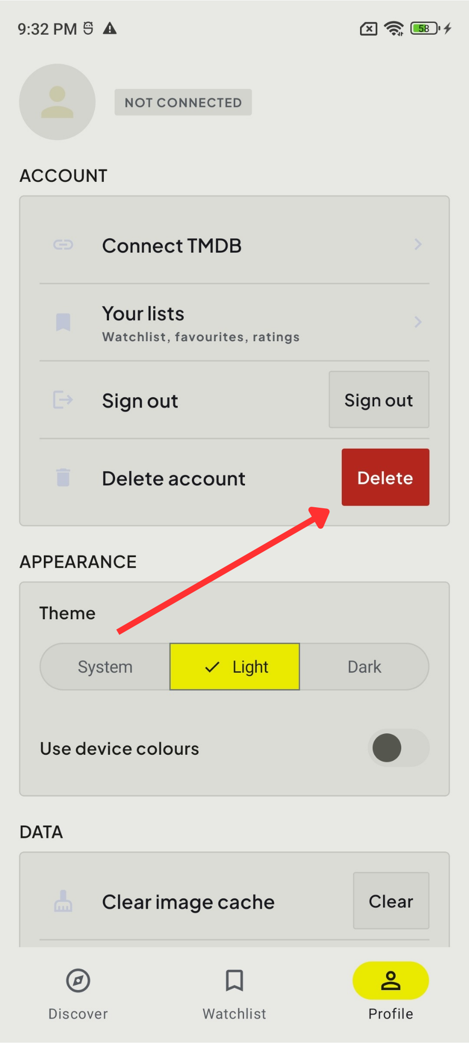 The CineSprout Profile screen with an arrow pointing to the Delete button under Account.