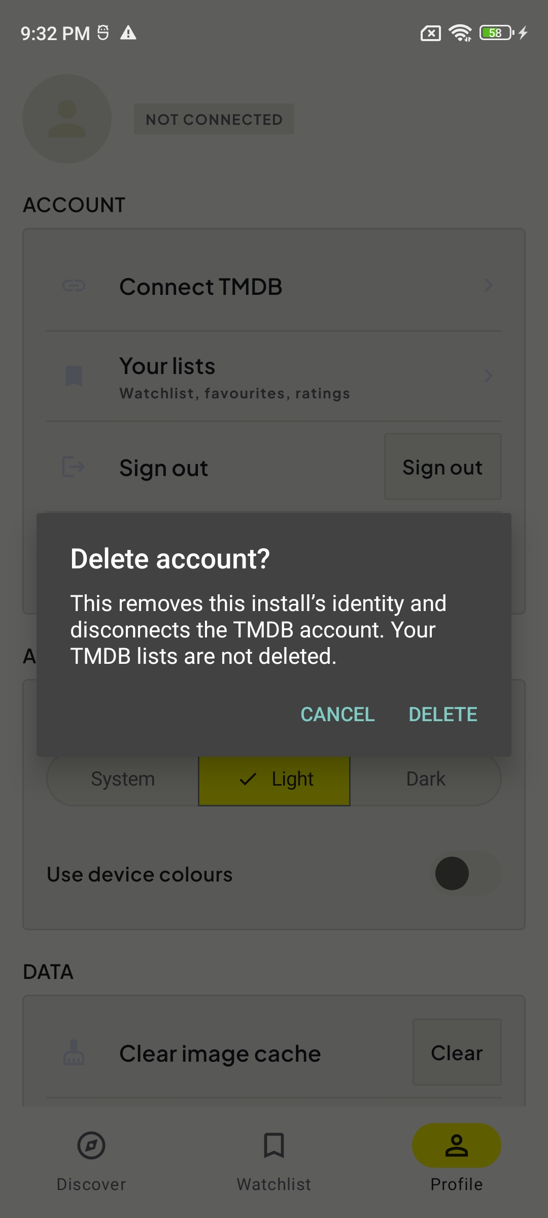 The Delete account confirmation dialog with Cancel and Delete options.